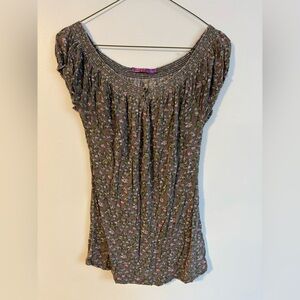 Smart Set Olive Green Mini Floral Scoop Neck Short Cap Sleeve Summer Top Medium